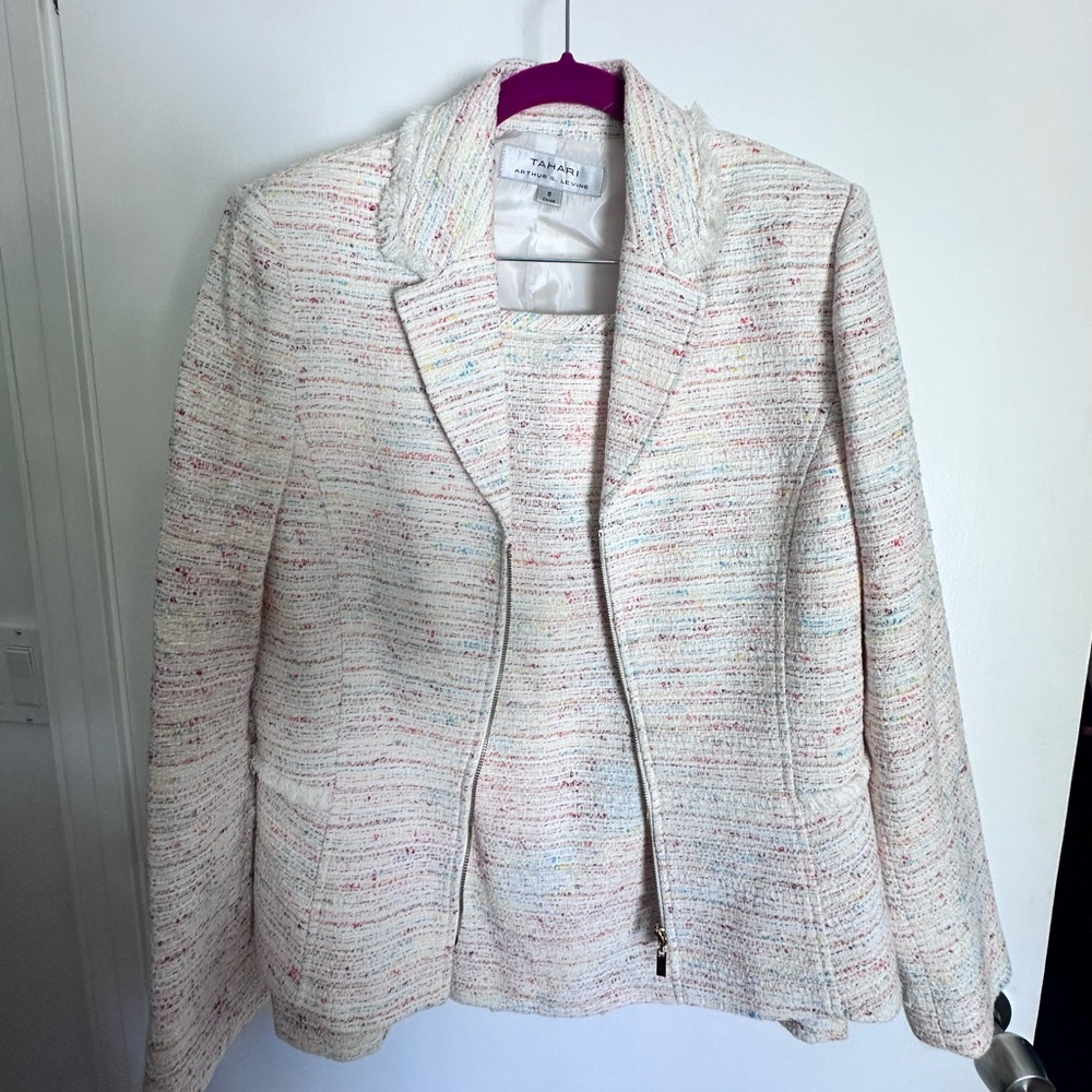 Tahari ASL Cream and Rainbow Tweed Skirt and Blazer Suit Set - Size 8